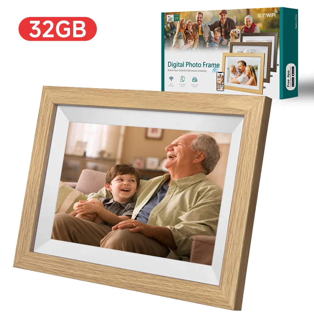 10.1-Inch Wooden Frame WiFi Digital Photo Frame | 32GB Storage | IPS Touchscreen | App Remote Sharing