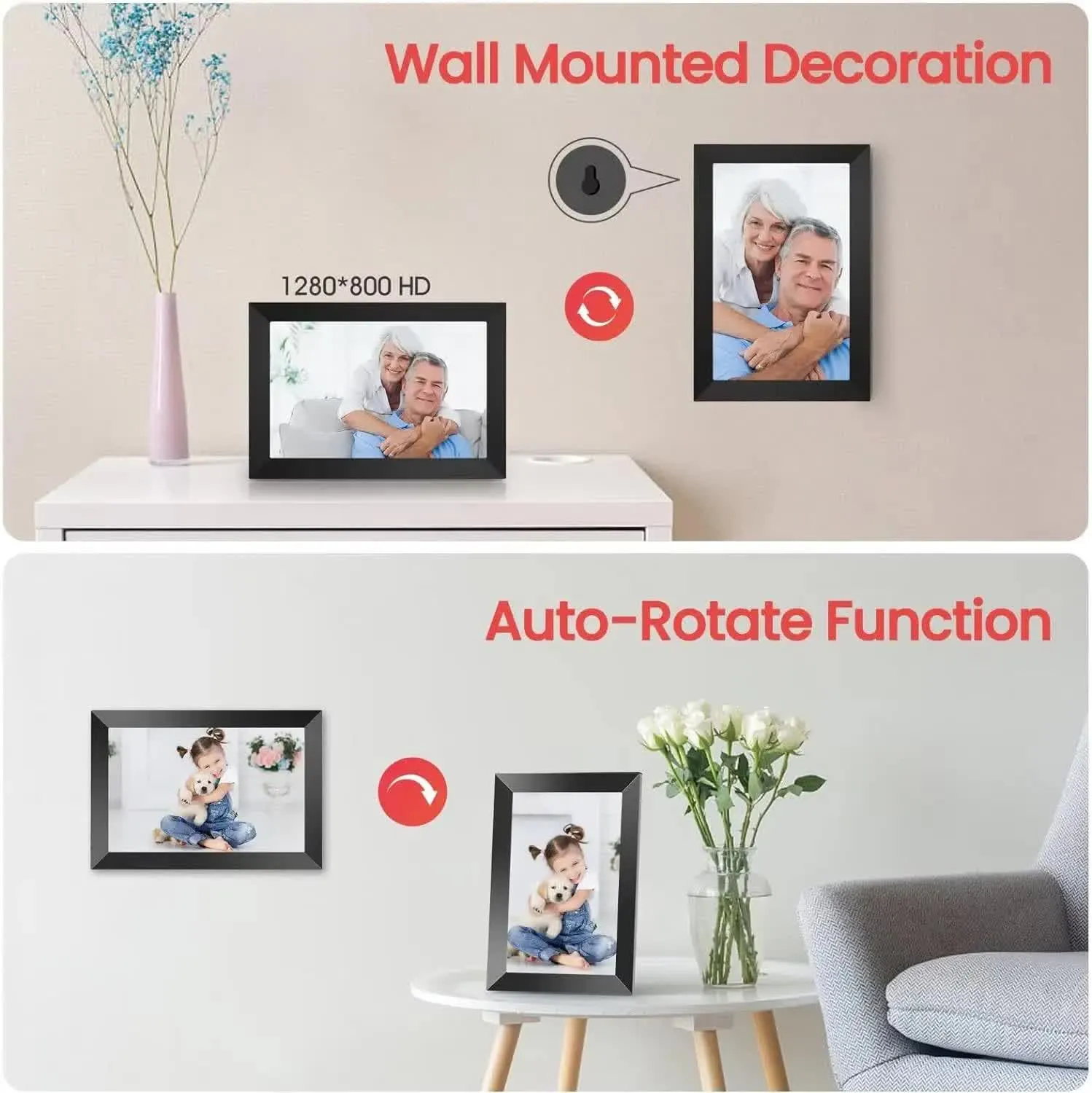 10.1-Inch Wooden Frame WiFi Digital Photo Frame | 32GB Storage | IPS Touchscreen | App Remote Sharing