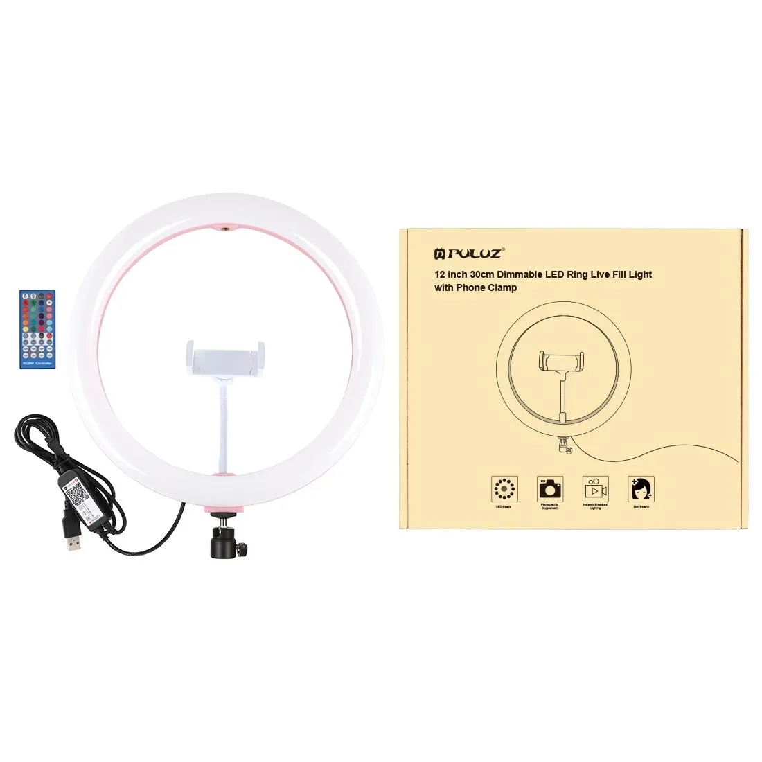 11.8" Dual-Temp LED Ring Light with Tripod & Remote | Pink