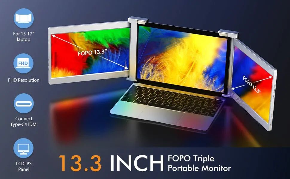 13.3 Inch FOPO Triple Portable Monitor 1080P FHD IPS Triple Monitor Laptop Screen Extender for 15"-17" Laptops
