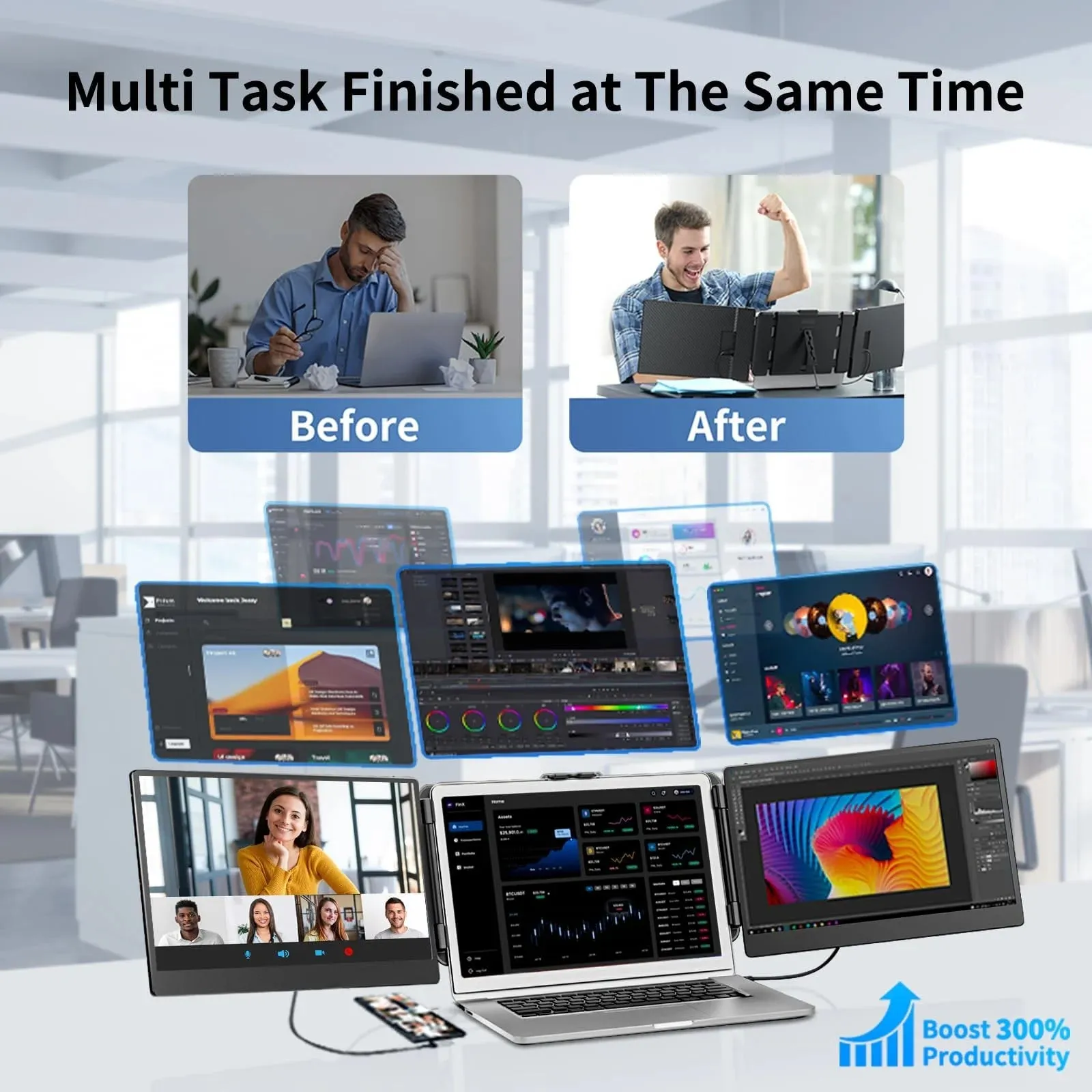 Portable Laptop Screen Extender - 14" Triple IPS FHD 1080P Monitor, Hdmi/Usb-A/Type-C, Compatible with Windows & Mac for Travel, Gaming, Work (Max Length: 15.74")