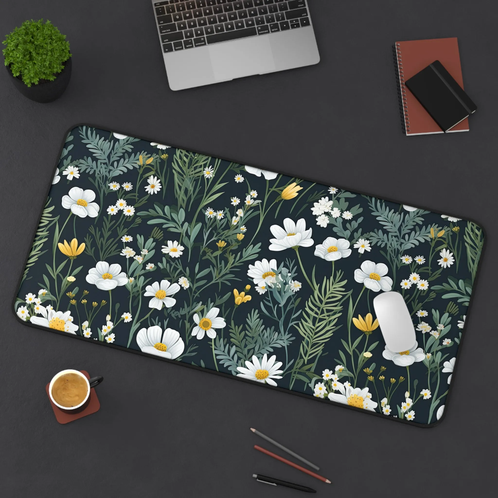 White Daisy Dark Cottagecore Wildflower Laptop Computer Desk Mat Mousepad