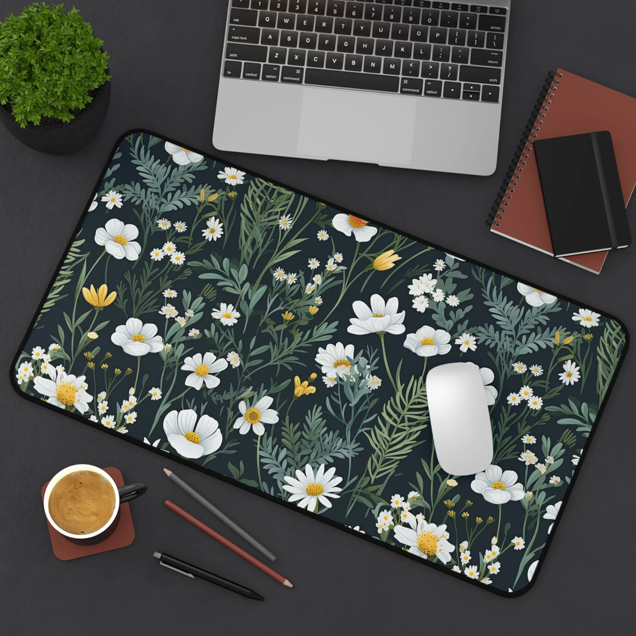 White Daisy Dark Cottagecore Wildflower Laptop Computer Desk Mat Mousepad