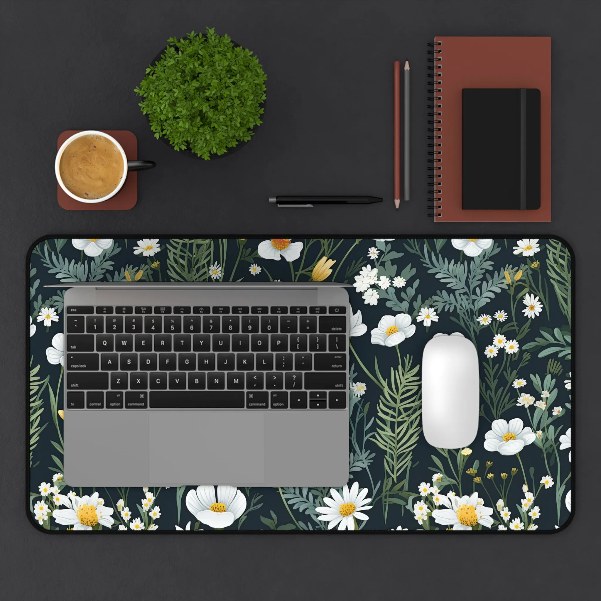 White Daisy Dark Cottagecore Wildflower Laptop Computer Desk Mat Mousepad