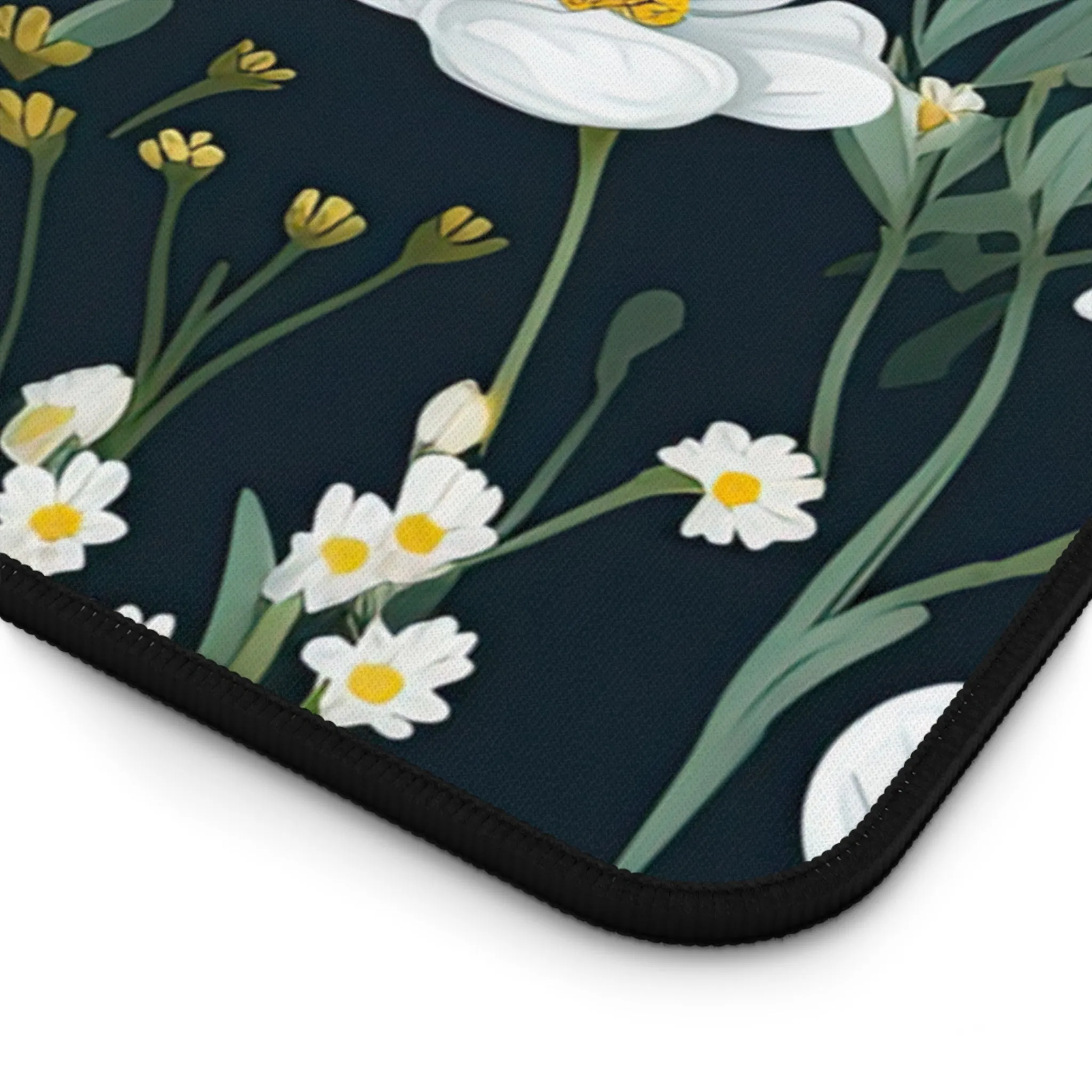 White Daisy Dark Cottagecore Wildflower Laptop Computer Desk Mat Mousepad