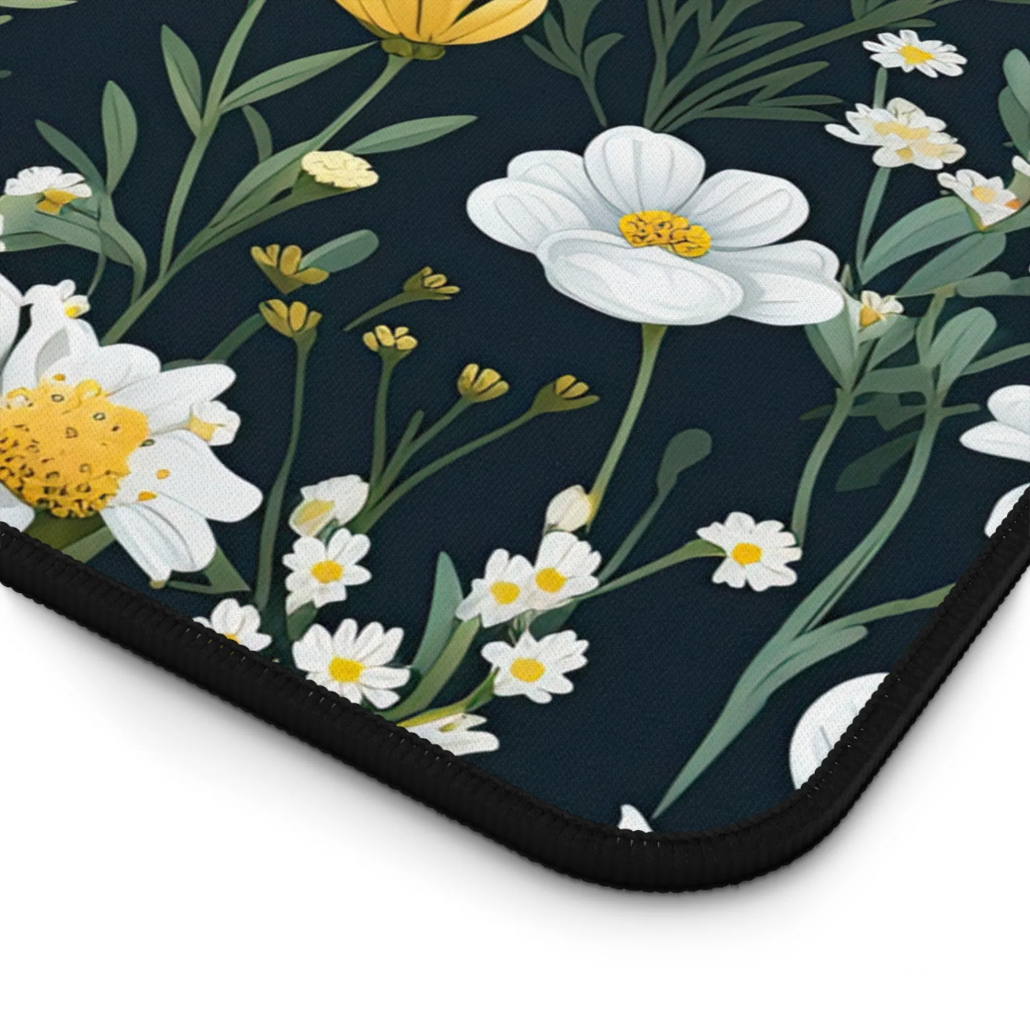 White Daisy Dark Cottagecore Wildflower Laptop Computer Desk Mat Mousepad