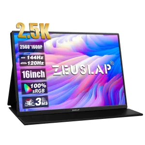 ZEUSLAP 16" 2.5K 144hz Portable Monitor 2560*1600 16:10 100%sRGB 500Cd/m  Travel Gaming Display for Laptop Switch ps4 ps5 Xbox